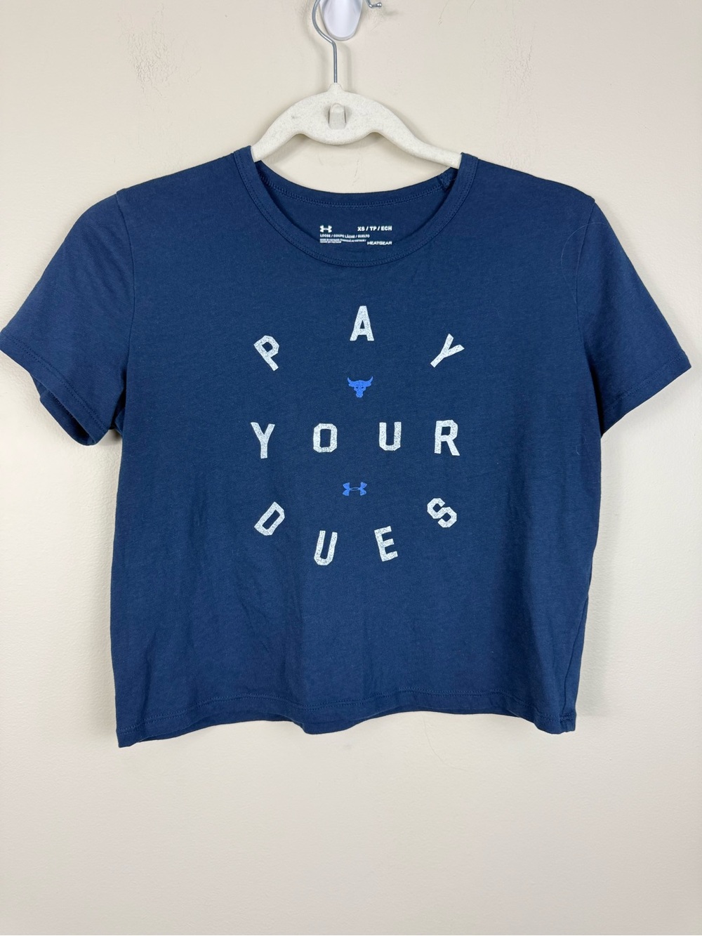 Under Armour Project Rock Crop Top Womens XS Blue White Pay Your Dues Sporty